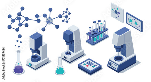 Isometric laboratory equipment with microscopes and test tubes in a modern scientific setting