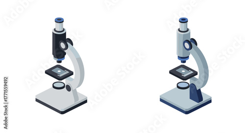 Isometric lab microscopes: dual modern designs on white background