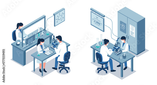 Scientists conducting lab research in modern isometric laboratory setting