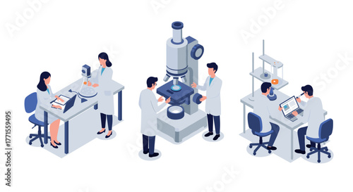 Isometric scientific research lab with scientists conducting experiments and analyzing data