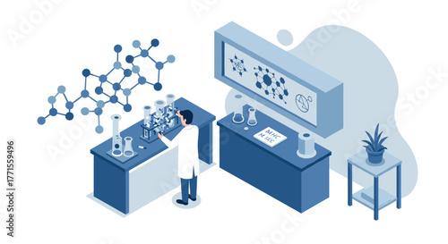 Isometric laboratory scene with scientist conducting experiments and molecular models