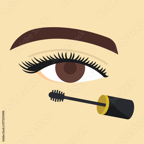 Close up Illustration of an Eye with Long Voluminous Lashes Being Applied Mascara Against a Soft Beige Background Highlighting Eye Makeup Techniques Beauty Routines and Cosmetic Enhancement