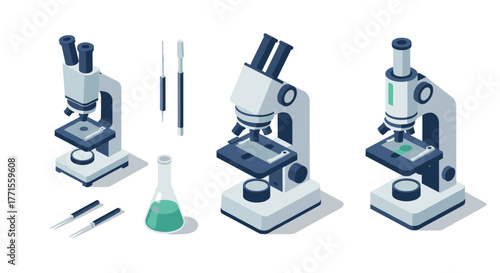 Isometric microscopes and laboratory equipment set on white background