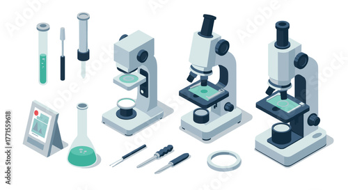 Isometric lab equipment set featuring microscopes and scientific tools