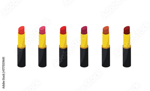 Colorful Collection of Six Isometric Lipsticks in Various Shades of Red Pink and Nude Arranged Linearly Against a Pure White Background Displaying Diverse Cosmetic Products and Makeup Palette Options