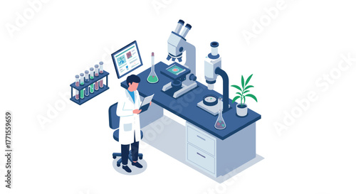 Isometric laboratory research scene with scientist and equipment