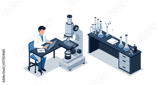 Scientist working in isometric laboratory with microscope and test tubes