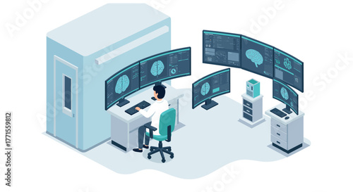 Medical professional analyzing brain scans in modern laboratory with multiple screens