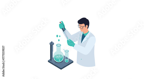 Scientist in lab coat conducting chemical experiment with beaker and pipette in modern laboratory