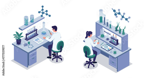 Isometric science laboratory with researchers analyzing chemical samples and data