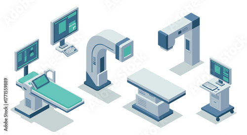 Isometric medical equipment set featuring modern diagnostic machines and computers