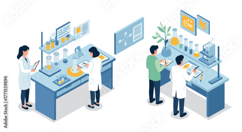 Isometric laboratory scene with scientists conducting experiments in a modern research facility