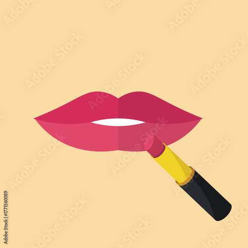 Close up of Full Pink Lips Being Applied Lipstick Against a Soft Beige Background Illustrating Makeup Application Techniques Beauty Routines