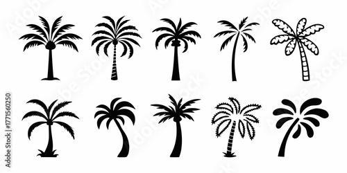 Collection of ten stylized black silhouette palm trees on a white background