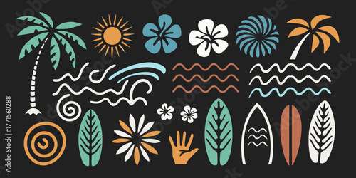 Tropical hawaiian summer vacation elements collection with palm trees sun flowers waves and surfboards