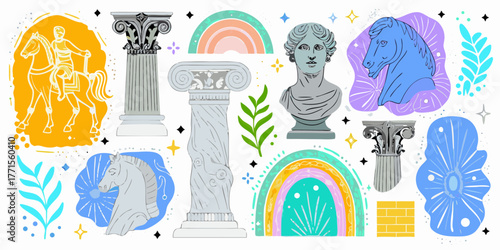 Collection of ancient greek and roman inspired illustrations with horses busts columns and rainbows