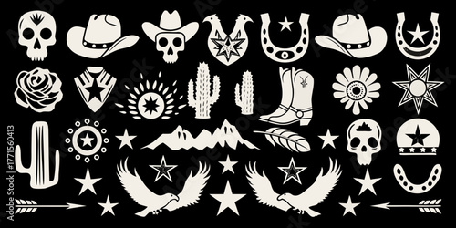 Collection of western and southwestern icons featuring skulls cowboy hats cacti boots and eagles on black background