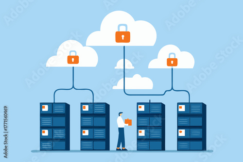 Secure cloud computing network with servers and locked data storage connected to cloud icons