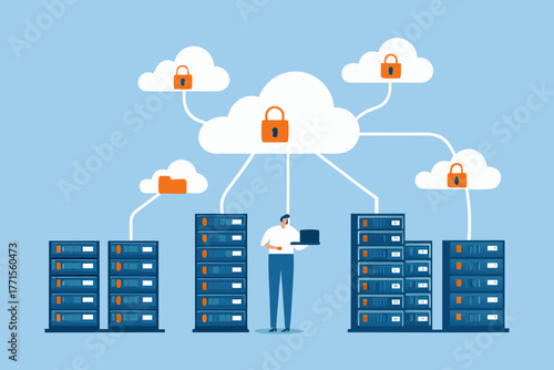 Secure cloud computing network with servers and data protection symbols connected by lines