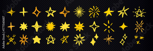 Set of doodle yellow stars and sparkle elements. Pastel brush stars isolated on transparent background.