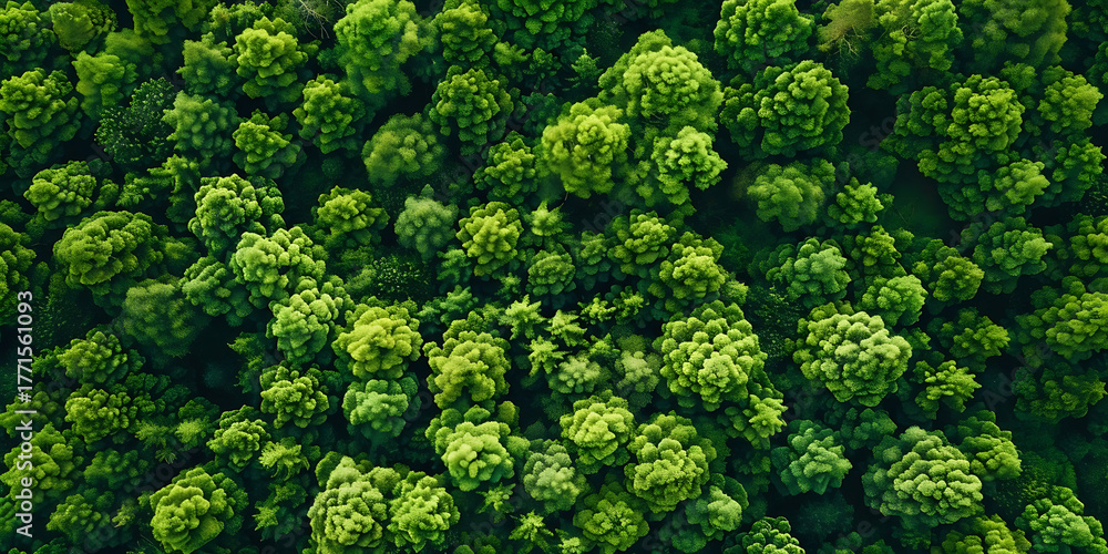 Naklejka premium Vibrant green forest canopy seen from above, a lush natural landscape.