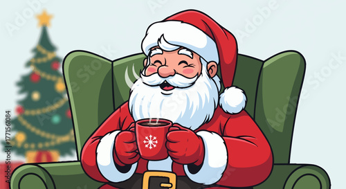 Santa Claus relaxes in an armchair, enjoying a hot drink near a decorated Christmas tree.