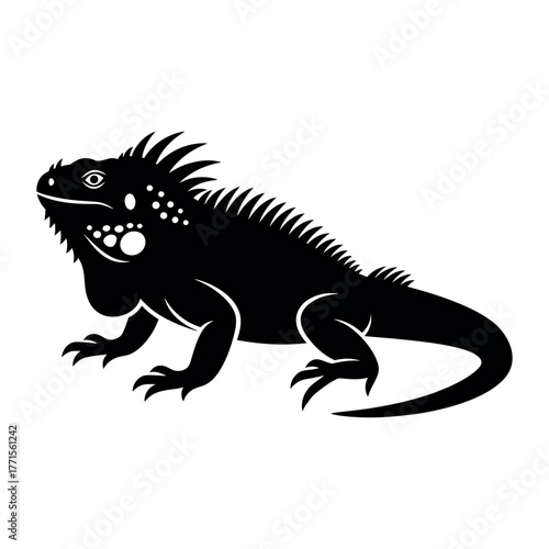 Black silhouette icon of a large iguana in profile isolated on white background
