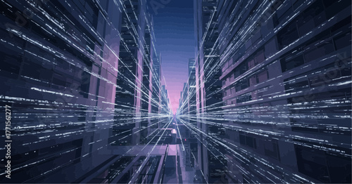 Futuristic Urban Corridor with Digital Motion Lines, Data City Concept