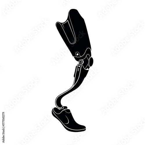 Black silhouette of a prosthetic leg isolated on white background