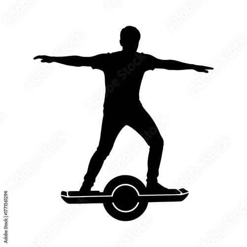 Black silhouette icon of a person balancing on a one wheeled electric skateboard isolated on white background
