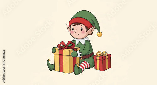 Adorable cartoon Christmas elf character joyfully unwrapping a special holiday gift, radiating festive cheer and seasonal wonder for celebrations