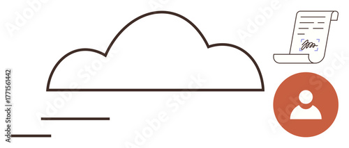 Cloud icon alongside signed document and user profile highlights digital storage, online privacy, secure data sharing. Ideal for technology, security, cloud service, digital identity, legal