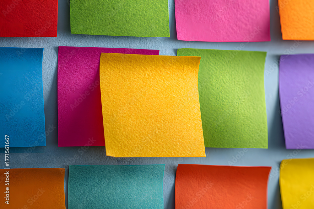 Fototapeta premium A colorful array of sticky notes arranged neatly on a wall, capturing the vibrancy of thoughts and ideas. The image showcases the diversity of planning, task management, and brainstorming
