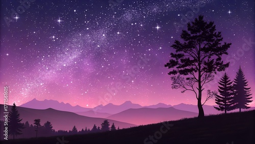Dreamy Purple Night Sky with Stars and Mountain Silhouette