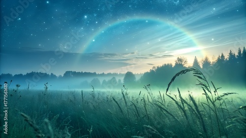 Magical Misty Meadow at Dawn with Rainbow and Starry Sky