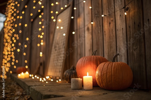 Warm Autumn Pumpkins with Cozy Candle Lights on Rustic Wooden Background – Fall & Thanksgiving Decor