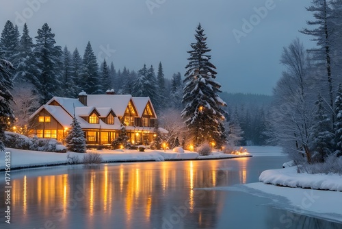Cozy Winter Cabin by Frozen Lake with Warm Lights and Snow Covered Forest at Twilight