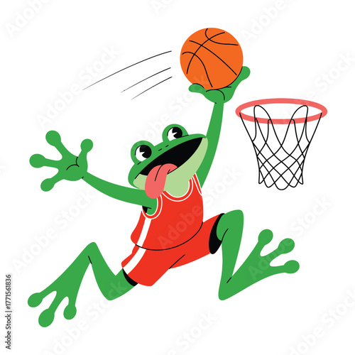 Energetic cartoon frog character wearing a basketball jersey and shorts leaping high to dunk an orange basketball into a net