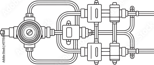 Mechanical Engineering Diagram of Industrial Hydraulic System — Technical Line Drawing Vector, hydraulic system, mechanical diagram, machine design