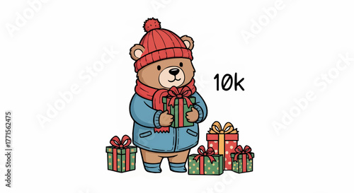 Cartoon bear wearing winter clothes holds a gift surrounded by more presents with the text "10k" floating above.