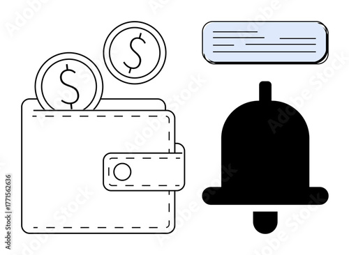 Wallet with coins, black notification bell, and text bar highlights money storage, financial updates, and alerts. Ideal for banking, savings, payments, investment notifications budgeting fintech