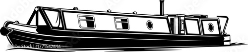 Canal Boat Silhouette – Black Vector Illustration, Narrowboat or Barge, River Transport, Vintage Watercraft, Outline Clipart, Nautical Theme, Editable Vector Design.