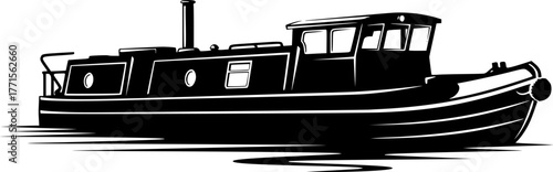 Canal Boat Silhouette – Black Vector Illustration, Narrowboat or Barge, River Transport, Vintage Watercraft, Outline Clipart, Nautical Theme, Editable Vector Design.