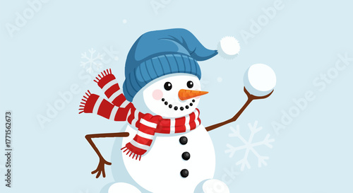 Cheerful Snowman with Snowball A Whimsical Winter Illustration for Holiday Joy