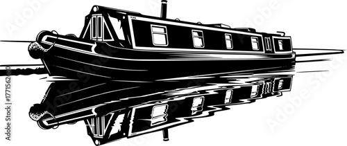 Canal Boat Silhouette – Black Vector Illustration, Narrowboat or Barge, River Transport, Vintage Watercraft, Outline Clipart, Nautical Theme, Editable Vector Design.