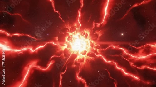 Fiery cosmic explosion radiating intense energy across a deep space nebula.