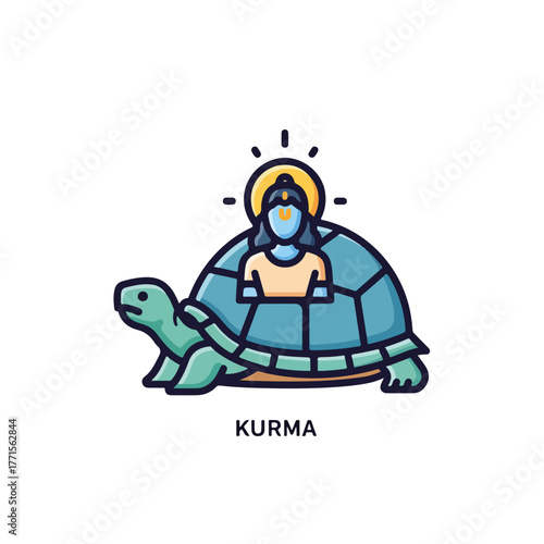Isolated Kurma avatar depiction, Vishnu's second incarnation, showing deity with turquoise skin sitting on turtle shell, isolated on white.