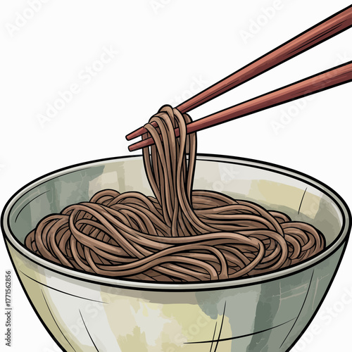 Chopsticks lifting a portion of soba noodles from a bowl