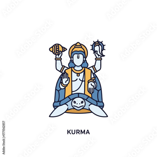 Kurma avatar on white, fourth incarnation of Vishnu with tortoise as divine turtle form. Kurma incarnation symbolizes cosmic support during churning of the ocean, it is a representation of stability,