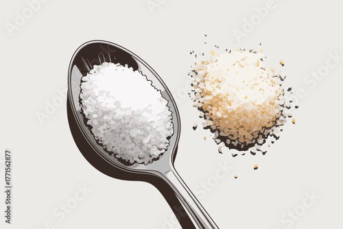 Spoonful of coarse sea salt next to a pile of sugar crystals